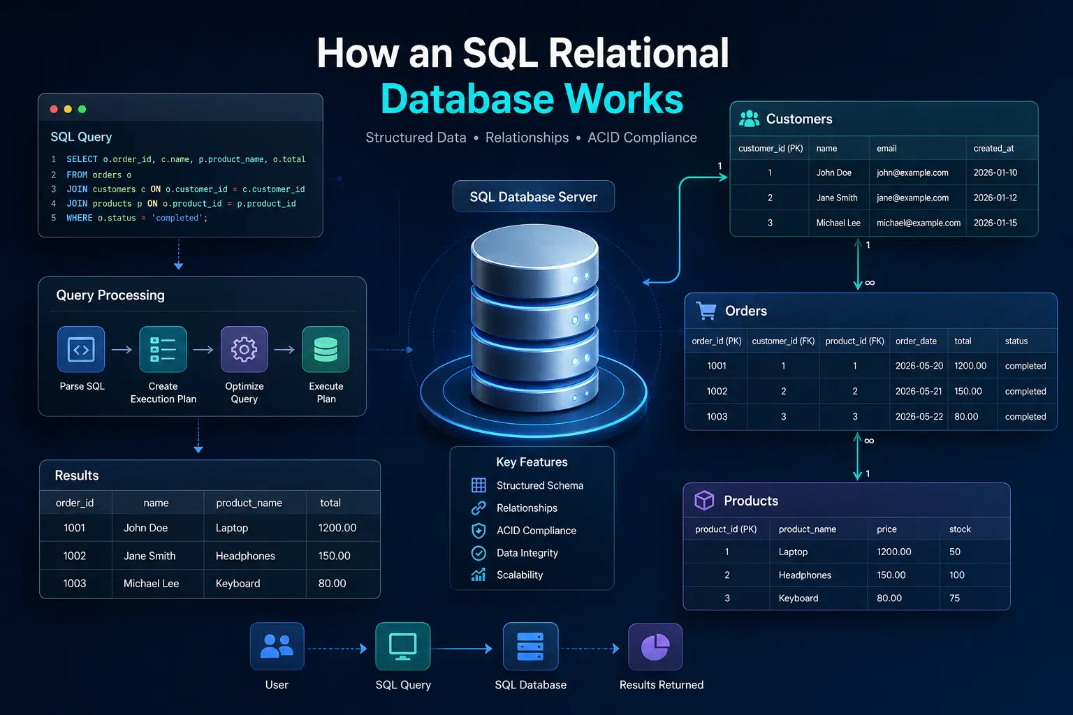 SQL database tables and relationships diagram
