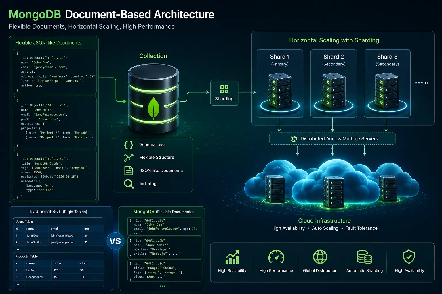 MongoDB document database architecture with scalable servers